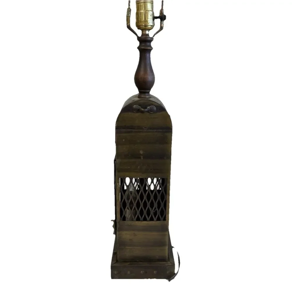 Vintage Gothic Medieval Revival Lantern Table Lamp Brass Wood Eagle 27.5